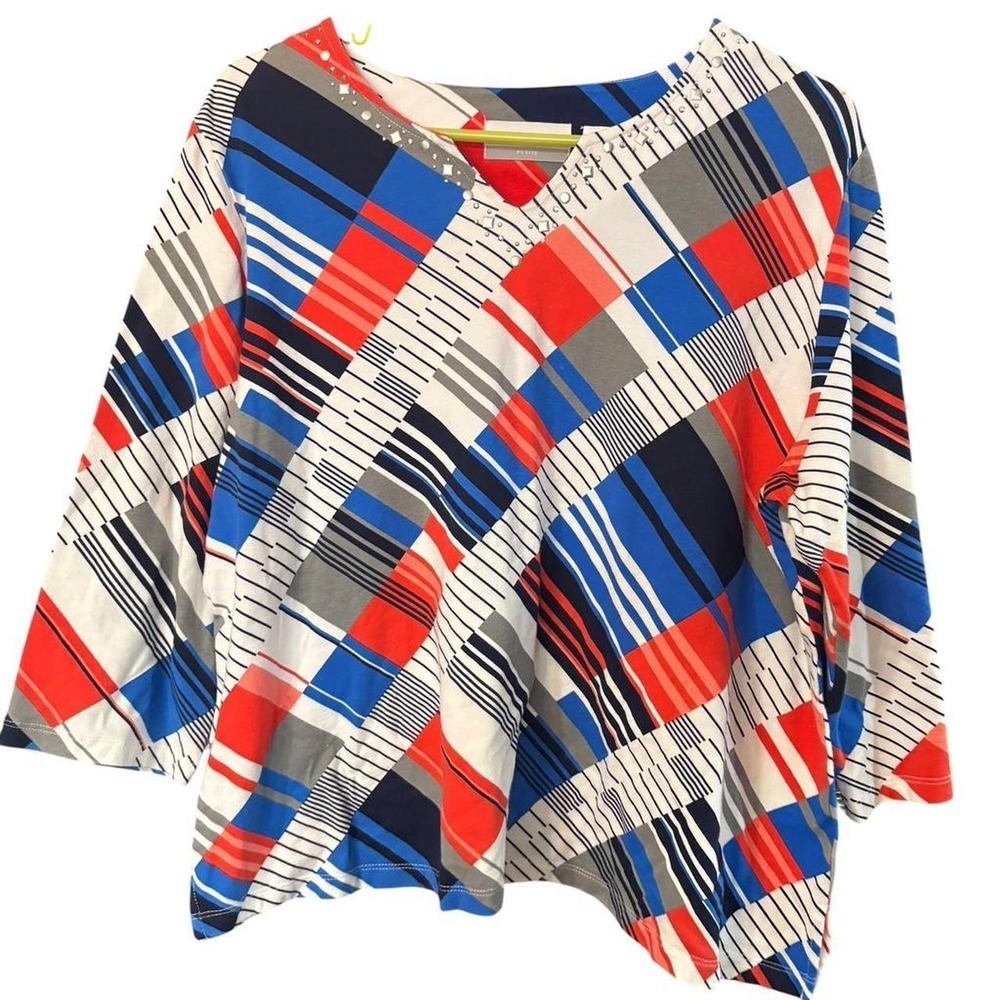 Alfred Dunner Petite PL Red Blue‎ Plaid Studded V-Neck 3/4 Sleeve Top Shirt